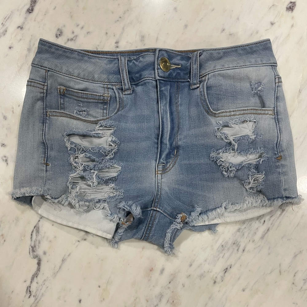 American Eagle Micro Mini Denim Shorts Y2K 360 Super Stretch Hi-Rise Shortie 6